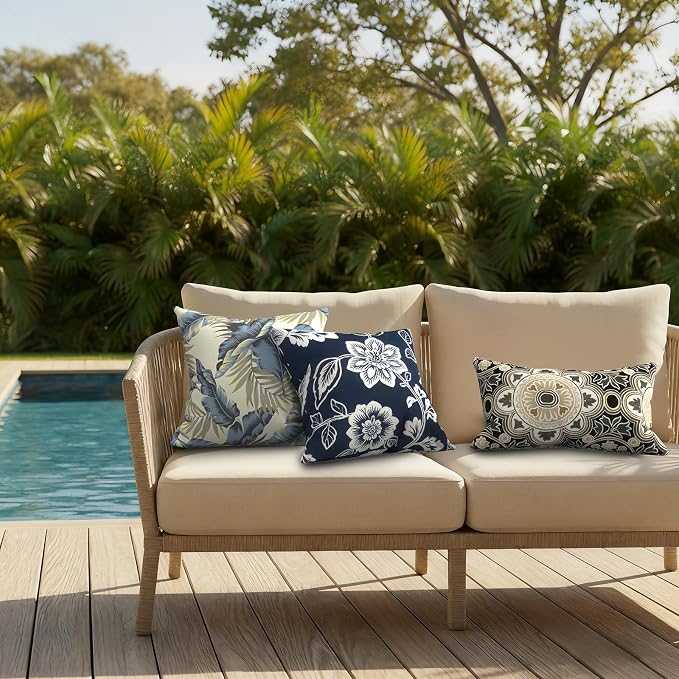 DYTXIII Pack of 2 Waterproof Outdoor Pillow with Inserts, 18x18 Square Patio Decorative Throw Pillow for Home,Sofa,Bench and Patio Furniture,Vines Navy