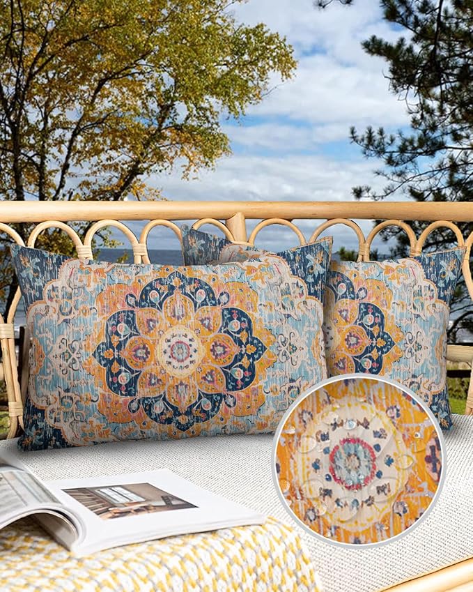 Outdoor Waterproof Pillow Covers Set of 2, Meddle Century Vintage Blue Carpet Mural Pattern Patio Throw Pillow Covers, Decorative Cushion Case for Couch Sofa Furniture Garden, 20x12 Inch