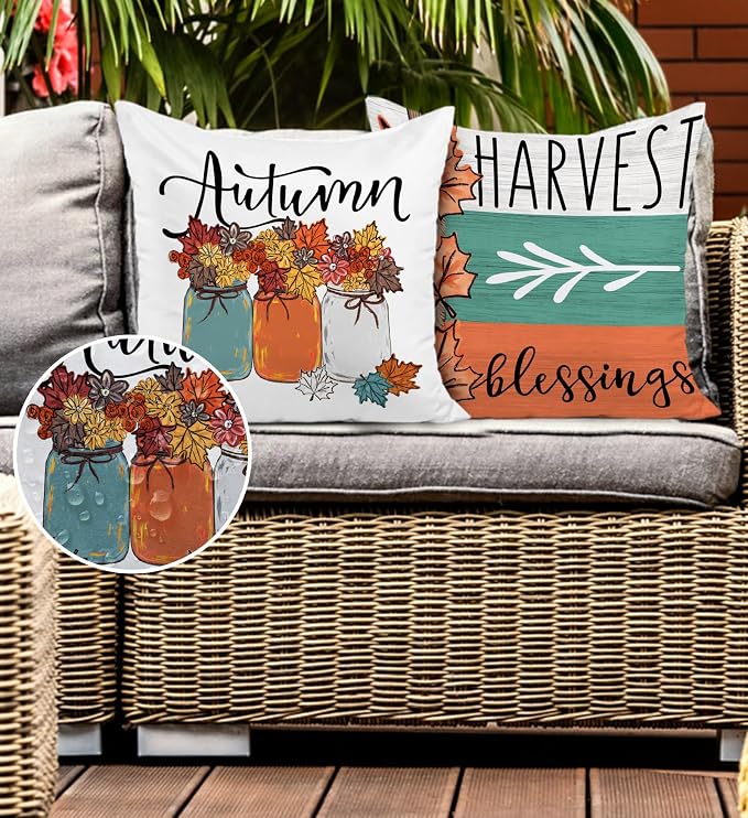 Fall Leaves Outdoor Pillow Covers 18x18 Waterproof Watercolor Mason Jar Blue Orange Decorative Harvest Blessings Throw Pillow Covers Set of 2 Farmhouse Thanksgiving Decor for Couch Patio Furniture