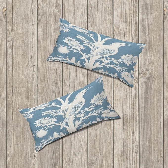 Zipped Pillow Cases for Home Decor Blue Turquoise and White Birds Plant Throw Pillow Cover Set of 2 Farmhouse Cushion Cover Cases for Living Room Club Home Decor 12x24in