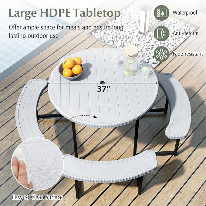 Giantex Picnic Table Bench Set for 4-8 Person, Round 37” Outdoor Dining Table w/Umbrella Hole, HDPE Tabletop, Metal Frame, Patio Furniture Set for Backyard Porch Lawn, 1400lb Capacity (White,Round)