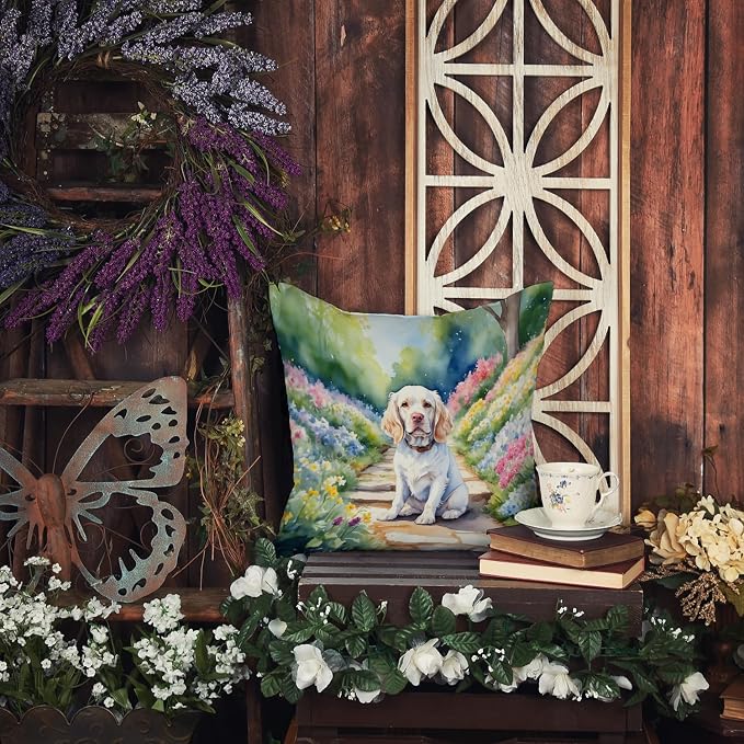 Caroline's Treasures Clumber Spaniel Spring Path Throw Pillow Machine Washable, Indoor Outdoor Decorative Pillow for Couch, Bed or Patio, 14Hx14W