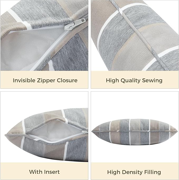 FUNHOME Outdoor Lumbar Pillows 12x20 inch,Decorative Throw Pillow Set of 2 with Insert,Water Resistant Headrests for Patio Furniture Sofa Couch Chair(Gray Stripe)