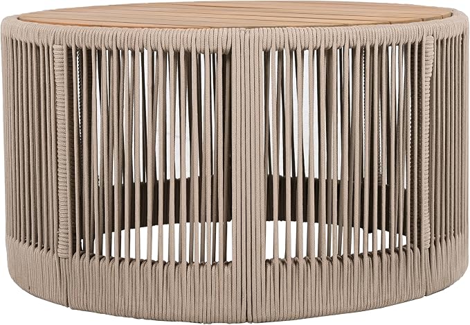 Christopher Knight Home Peyz Acacia Wood Outdoor Side Table Set of 2 with Woven Rope Design, Patio Round Coffee Table Set with Small Side Desk, Functionality Stylish 2 Tables for Garden, Teak + Beige