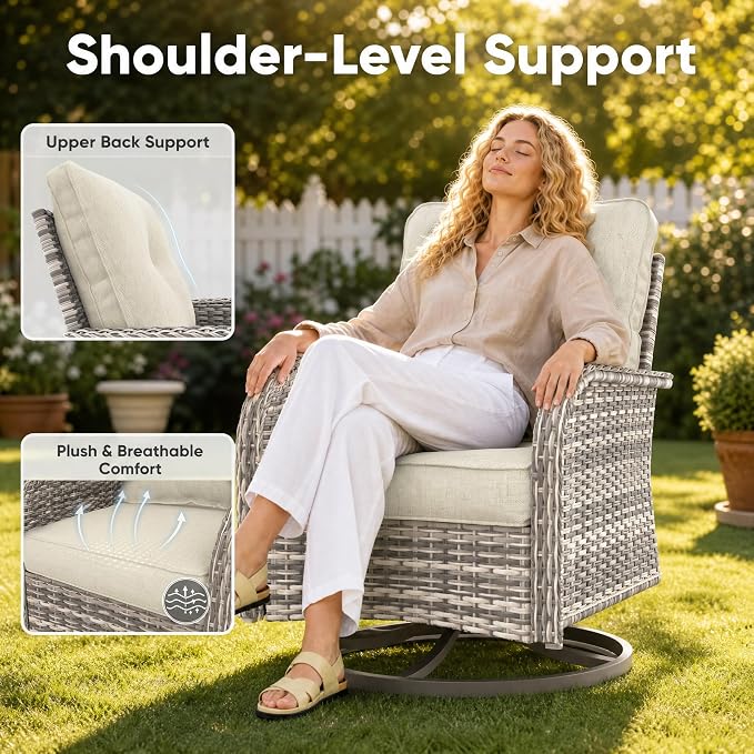 9-Piece Small Patio Furniture Set, Outdoor Swivel Rocking Chairs Set with 55,000 BTU Fire Pit Table Wicker Chairs and Ottomans, Patio Bistro Set for Balcony, Deck, Porch, Ivory