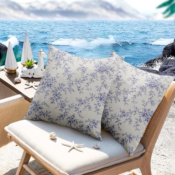 Outdoor Throw Pillow Covers, Blue Floral, 18 x 18 Inch, Set of 2 | Flower waterproof square cushion case pillowcase decorative pillows for farmhouse garden couch beach patio