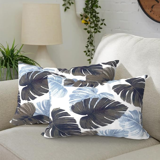 DYTXIII Pack of 2 Outdoor Waterproof Lumbar Pillow Covers ONLY, 12x20 Rectangle Decorative Double Printed Pillow Cases for Patio Couch Porch Furniture - Monstera Blue