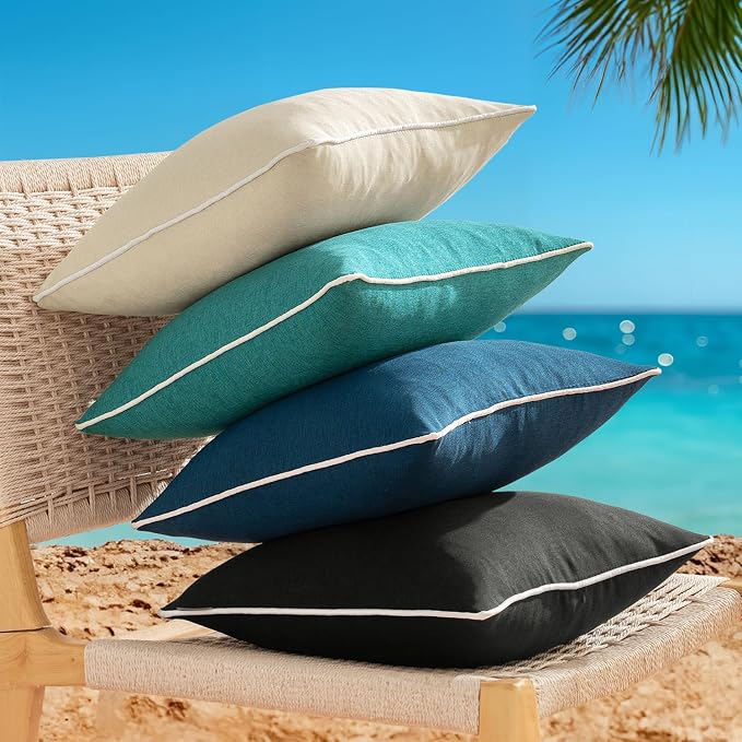 ANRODUO Set of 2 Outdoor Waterproof Pillow Covers 12x20 Inch Turquoise Decorative Throw Pillow Covers Linen Lumbar Solid Color Couch Pillow Covers for Patio Tent Bed Sofa and Living Room Summer Decor