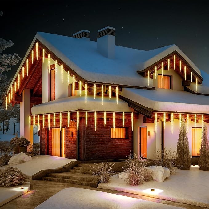 Brightown Icicle Lights for Outside, 2 Pack Total 40ft 40 Tubes 200 LED Ice Shape String Lights, Connectable Hanging Christmas Decoration Lights for Tree Patio Roof Holiday Decor, Warm White