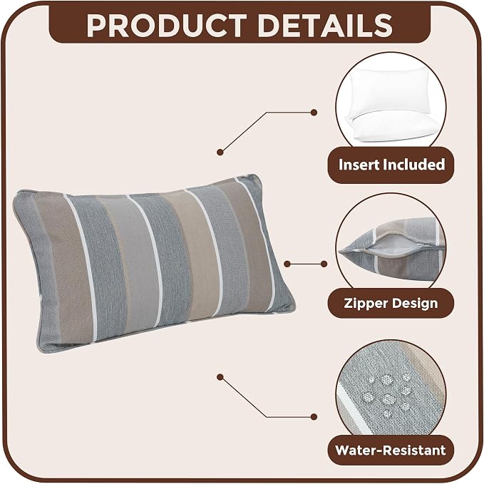 FUNHOME Outdoor Lumbar Pillow with Insert 12x20 Inch Pack of 2-Grey Stripe | Outdoor Pillows for Patio Furniture, Water-Repellent, Decorative Garden Pillows for Home Patio Coach Sofa Use