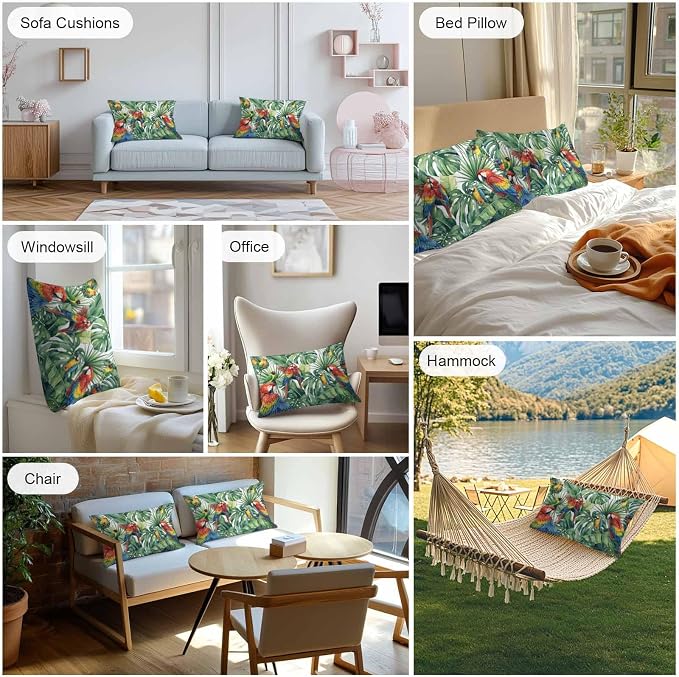 Pack of 2 Waterproof Outdoor Pillow Covers 20x12 Inch Decorative Pillow Covers Tropical Plants Throw Pillowcases Summer Rustic Monstera Palm Leaves Birds Green Outdoor Cushion Cover for Couch, Patio