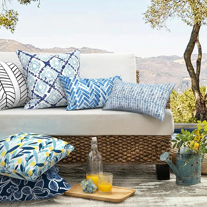 20x20 Inch Pack of 2 Patio Throw Pillow Covers ONLY, Water Repellent Cushion Cases, Square Pillowcases for Outdoor Couch Decoration, Boho Geometry Blue