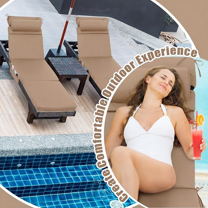 RattanView 2 Pcs Outdoor Chaise Lounge Cushion with Pillow and Side Pockets Waterproof Lounge Chair Cushions for Outdoor Furniture Patio Lounger Pad for Outside Pool Lawn (Brown,72 x 21 x 4)