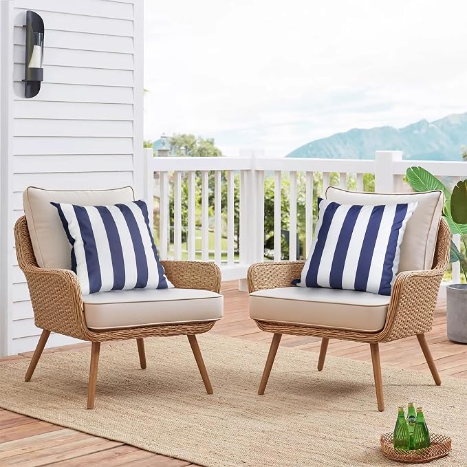 Outdoor Pillow Covers 18x18 Inch, Waterproof Throw Pillow Covers Pack of 2, Water-Resistant Decorative Pillow Case for Patio Furniture Tent Garden, Nautical Navy Blue White Stripes, Cover ONLY