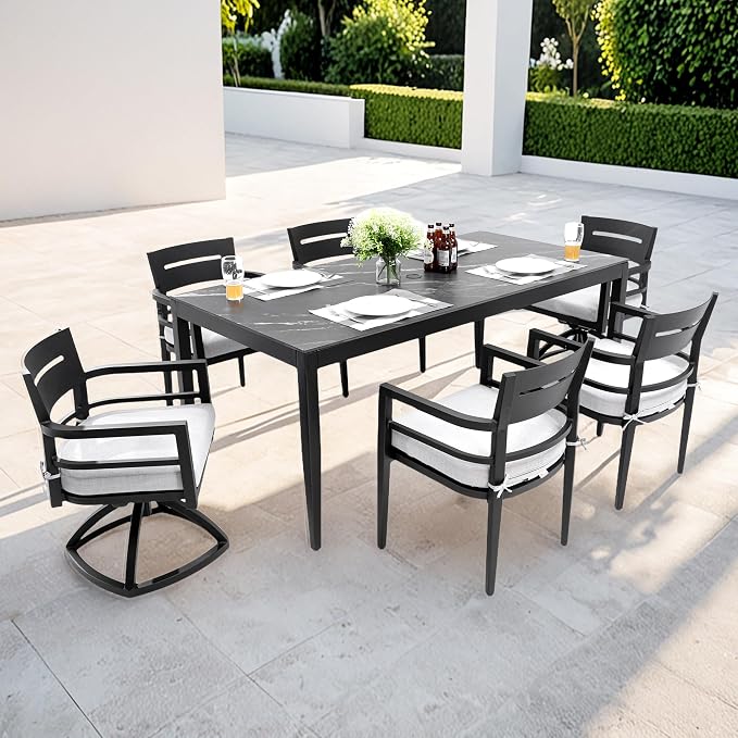 7PC Aluminum Outdoor Patio Dining Set, 71" Rectangular Dining Table with Black Marble Pattern Sintered Stone Top, 4 Chairs & 2 Cushioned Swivel Rockers, All-Weather Patio Furniture