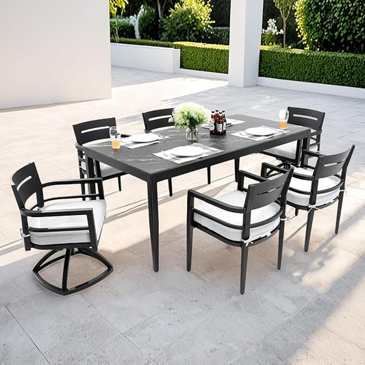 7PC Aluminum Outdoor Patio Dining Set, 71" Rectangular Dining Table with Black Marble Pattern Sintered Stone Top, 4 Chairs & 2 Cushioned Swivel Rockers, All-Weather Patio Furniture