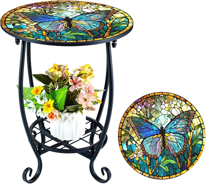 Cinnvoice Outdoor Side Table Round Small Mosaic Patio Accent Indoor End Plant Coffee Tea Table for Yard Patio Porch Garden Living Room, Bedroom(Butterfly Style,12 Inch)