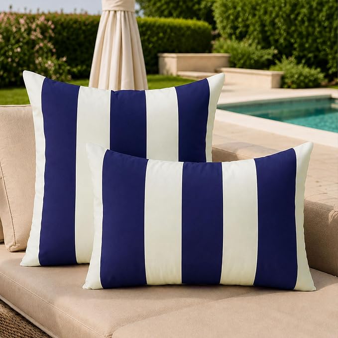 Allorry Outdoor Pillow Covers 18x18 Navy Blue Striped Decoration Throw Pillow Covers for Spring Summer Outdoor Waterproof Garden Patio Furniture Sofa Bed Home Decor JB016-A18