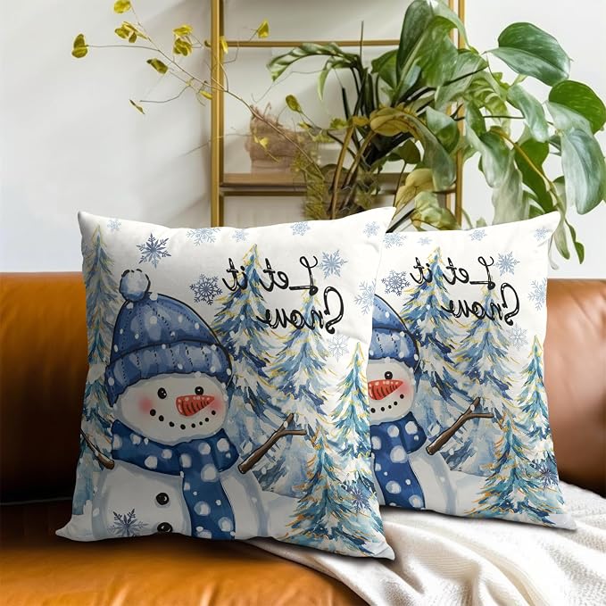 Winter Throw Pillow Covers Set of 2, 16x16 Inch – Snow Snowman Pine Trees Holiday Cotton Hidden Zipper Pillowcases for Couch Sofa Bed Porch Farmhouse Seasonal Home Decor