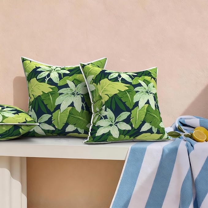 Outdoor Throw Pillows Inners, Fade Resistant Patio Furniture Square Pillows with Piping Set of 2 for Patio Furniture, 18x18 Inch, Jungle Leaves