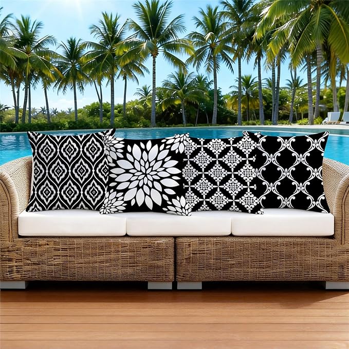 Outdoor Waterproof Throw Pillow Covers 16x16 Set of 4 Black and White Aesthetic Boho Decorative Cushion Cases for Patio Furniture Garden Porch Bench Couch Sunbrella