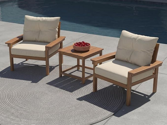 3 Piece HDPE Outdoor Patio Furniture Set, All-Weather 2 Armchairs with Side Table, Patio Conversation Set with Beige Washable Thick Cushion for Balcony/Porch/Backyard (Teak Frame)