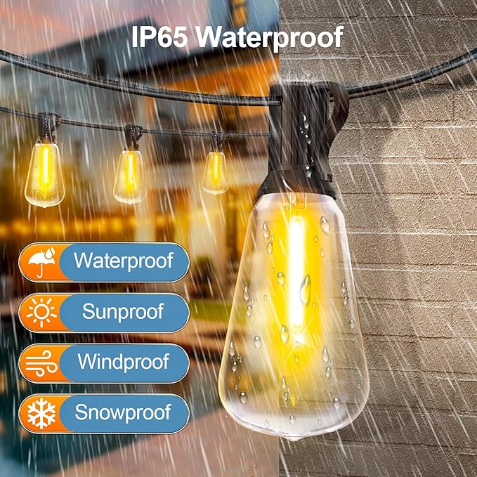Outdoor String Led Patio Lights - 150Ft 45M Outside Waterproof Light With Remote Dimmable ST38 Shatterproof Bulb Connectable Hanging Outdoor Electric Lighting For Backyard Yard Gazebo Porch Party