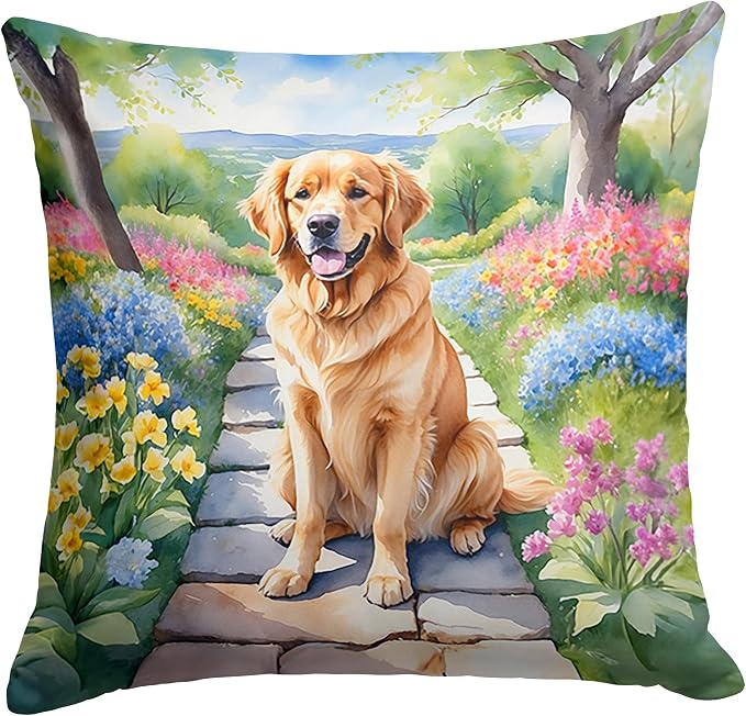 Caroline's Treasures Golden Retriever Spring Path Throw Pillow Machine Washable, Indoor Outdoor Decorative Pillow for Couch, Bed or Patio, 14Hx14W