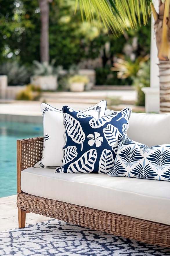Hofdeco Premium Coastal Hampton Patio Indoor Outdoor Lumbar Pillow Cover Only, 12"x20" Water Repellent for Backyard, Couch, Poolside, Navy Blue Print Abstract Plam Leaves