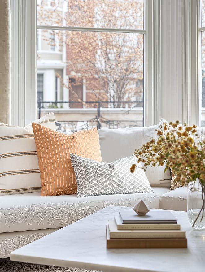 Modern Farmhouse Fall Linen Indoor Outdoor Throw Pillow Cover Only, 20"x20" Water Repellent for Patio, Backyard, Couch, Mustard Yellow Neutral Embroidered Stripes