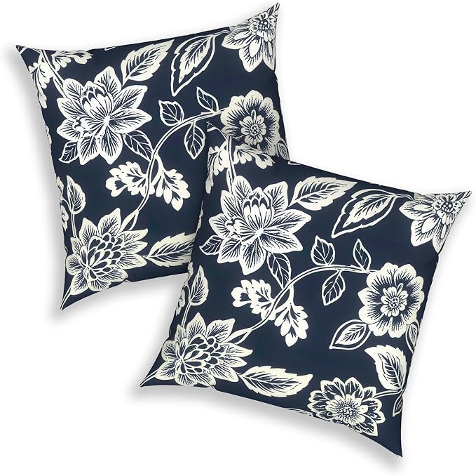 Outdoor 20x20 Inch Pack of 2 Patio Throw Pillow Covers ONLY, Water Repellent Cushion Cases, Square Pillowcases for Couch Decoration, Elegant Vines Navy