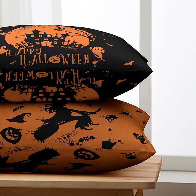 Halloween Lumbar Pillow Covers 12X20 Witch Castle Spider Web Rectangle Pillowcase Set of 2 for Living Room Couch Orange and Black Waist Pillow Covers Halloween Decoration
