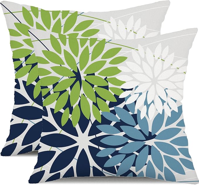 DFXSZ Pack of 2 Outdoor Waterproof Throw Pillow Covers 20x20 Green Blue | Polyester Colorful Spring Summer Floral Decorative Cushion Cases(NO INSERT),For Couch Patio Funiture Garden Home Decor