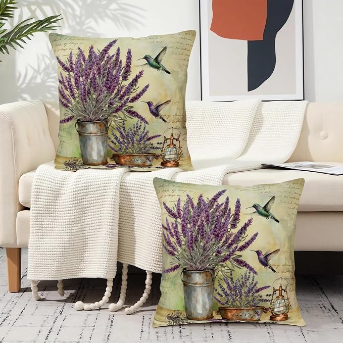 Lavender Pillow Covers Purple Flower Rustic Pillow Covers 16x16 Set of 2 Lavender Hummingbird Pillow Case Spring Vintage Cotton Linen Cushion Case for Garden Farmhouse Patio