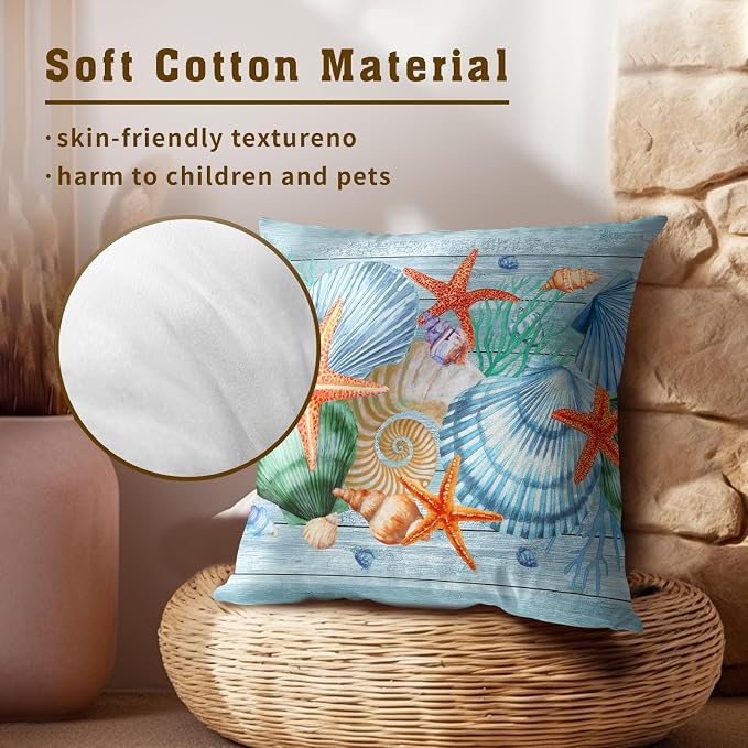 Nautical Coastal Starfish Throw Pillow Covers 20x20 Set of 2, Summer Ocean Beach Coral Wood Decorative Pillow Cases Cotton Cushion Cover for Home Sofa Couch Wedding Anniversary Decor