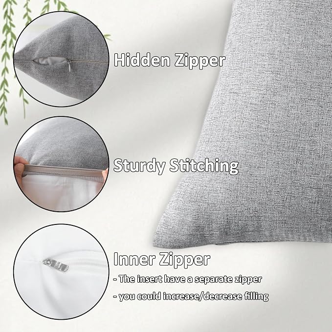 18" x 18" Throw Pillows, Outdoor Waterproof Pillows with Inserts, Square Decorative Pillows for Patio Furniture Garden Couch Sofa Home(Light Gray, Set of 4)