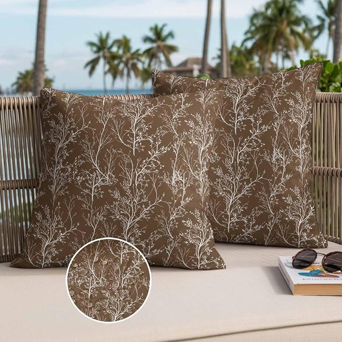 Brown Branches Waterproof Outdoor Pillow Covers Set of 2 Home Decor, Abstract Art Leaves Plant Lumbar Pillowcase Patio Pillow Covers for Couch Bench Patio Furniture Garden 20x20in
