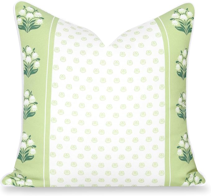 Hofdeco Premium Grandmillennial Coastal Hampton Patio Indoor Outdoor Throw Pillow Cover Only, 20"x20" Water Repellent for Backyard, Couch, Poolside, Grass Green Print Block Striped Lily of the Valley
