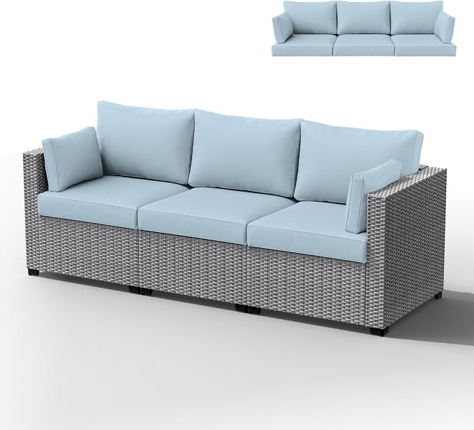 Outdoor Furniture Replacement Cushions, Waterproof Patio Furniture Cushions, 4" Deep Seat Outdoor Sectional Cushion for 3-Seat Outdoors Rattan Sofa Patio Sofa Cushion, Sky Blue
