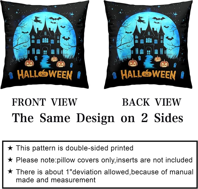 Halloween Pillow Covers 20x20 Set of 2 Witch Castle Throw Pillow Covers Horror Full Moon Night Pillow Case Bat Ghost Pumpkin Cushion Case for Holiday Party Home Decor Couch Sofa