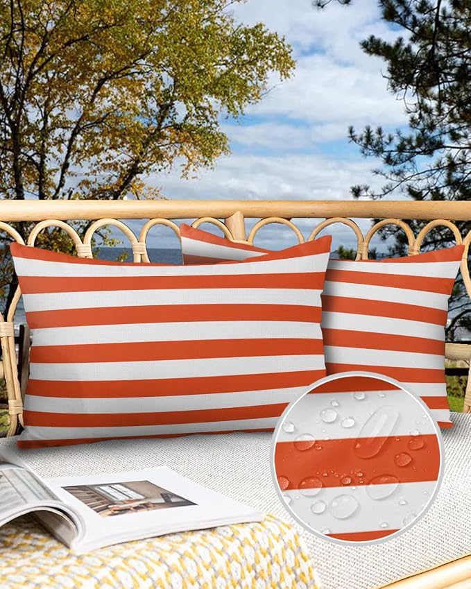 Lumbar Throw Pillow Covers 12x20 Outdoor Waterproof Pillow Covers for Patio Furniture Orange and White Stripes Throw Pillow Cover Solid Striped Pillowcases Set of 2 Cushion Case for Sofa Couch Chair
