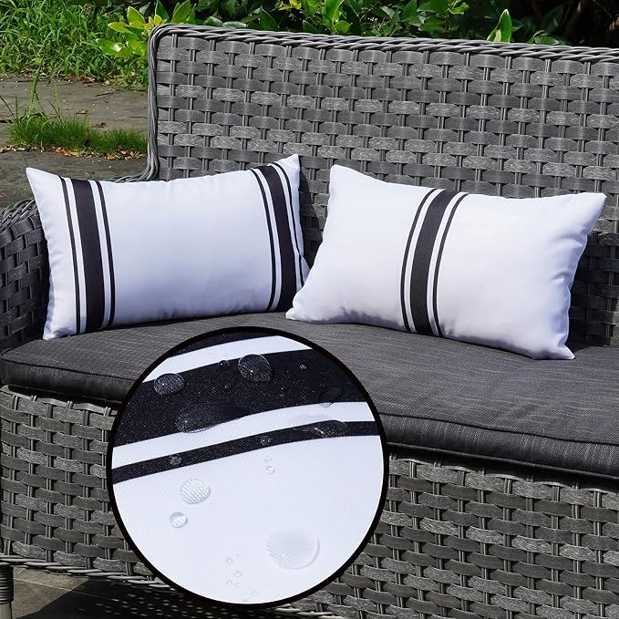 ONWAY Outdoor Pillow Covers 12X20 Waterproof Set of 2 Lumbar Throw Cushion Cover White and Black Striped Outdoor Pillows for Patio Furniture