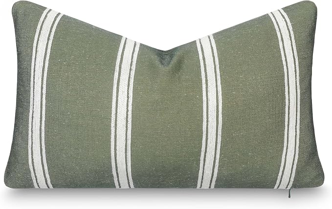 Modern Farmhouse California Casual Indoor Outdoor Lumbar Pillow Cover, 12"x20" Water Repellent for Patio, Backyard, Couch, Poolside, Oliver Green White Embroidered Stripes