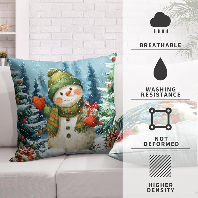 Lovely Green and Red Snowman Pillow Covers Christmas Throw Pillow Covers 22x22 Set of 2 Winter Xmas Tree Pine Forest Pillowcase Holiday Cushion Case for Couch Sofa