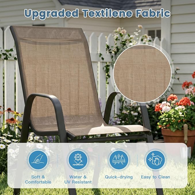 DIFY 7 Piece Outdoor Dining Set, 48" Walnut Round Metal Patio Table and Brown Textilene Stackable Chairs for 6, All Weather Patio Furniture Set with Umbrella Hole for Backyard Garden Deck