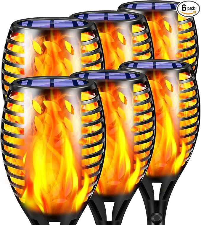 TomCare 6 Pack Solar Lights Outdoor Flickering Flame Solar Torch Lights | Realistic Flame Effect, Charges in 6-8 Hours, 10-12-Hour Runtime, IP65 Waterproof, Auto On/Off for Yard, Patio and Garden