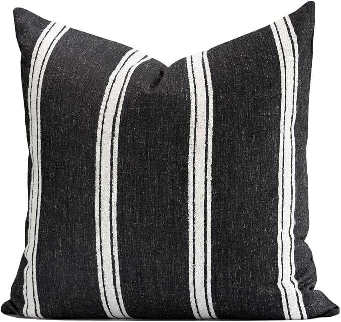 Modern Farmhouse Fall Linen Indoor Outdoor Throw Pillow Cover Only, 20"x20" Water Repellent for Patio, Backyard, Couch, Black Neutral Embroidered Stripes