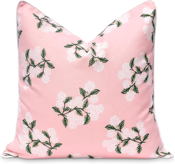Hofdeco Premium Coastal Patio Indoor Outdoor Throw Pillow Cover Only, 20"x20" Water Repellent for Backyard, Couch, Blush Pink Print Hydrangea Flower