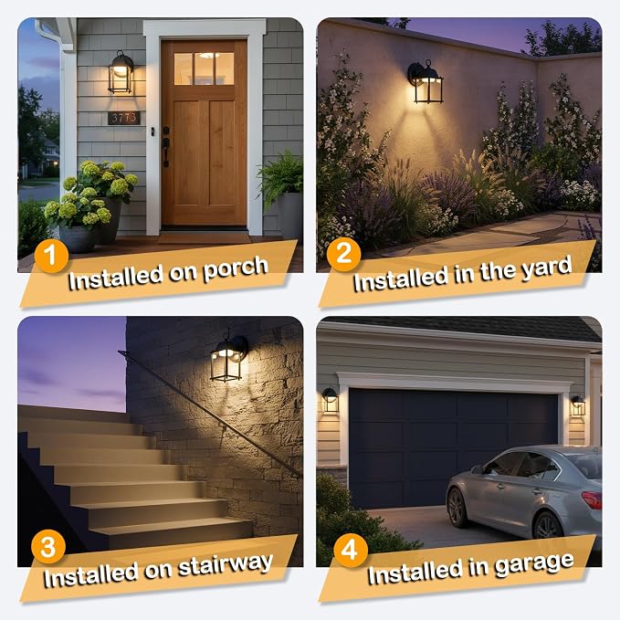 Outdoor Wall Light Fixture Dusk to Dawn, Rustproof Aluminum, LED | Exterior Porch Light Wall Sconce Lantern for House, Patio, Garage, Waterproof, Glass, 9.5W 800 Lumen, 3000K, Black, 1 Pack