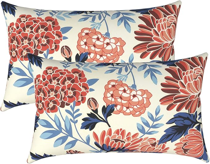 LVTXIII Outdoor/Indoor Lumbar Pillows, Decorative Patio Lumbar Cushions, Fluffy Fade Resistant Throw Pillow Cushions for Home Patio Coach Sofa, 12×20 Inch, Pack of 2, Red Chrysanthemum